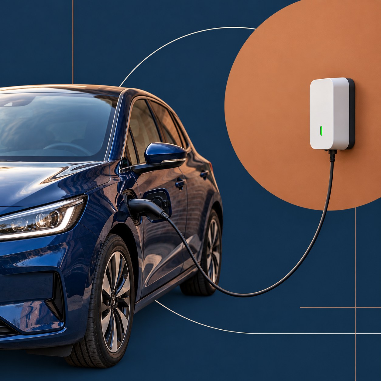 Illustration graphique d’une voiture électrique reliée à une borne de recharge